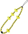 Beaded phone charm featuring yellow hearts and black spacers on a black strap lanyard - Yellow