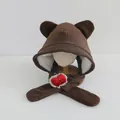 Brown corduroy bear ear hooded scarf for children with warm faux fur lining - Children 3-10 Years Old / Dark Coffee with Apple