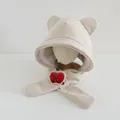 Beige corduroy kids winter earflap hat with plush lining and cute strawberry charm - Children 3-10 Years Old / Beige with Apple