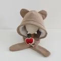Brown corduroy winter bear ear hat with strawberry accent and cozy plush lining - Children 3-10 Years Old / Khaki with Apple
