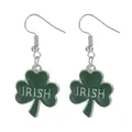 Detail of green shamrock earrings with Irish engraving and silver hooks for St. Patrick's Day - Irish Leaf (Silver Tone)