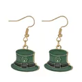 Close-up of St. Patrick's Day green hat earrings with gold shamrock and oil drip finish - Leprechaun Hat (Gold Tone)