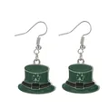 Detail view of St. Patrick's Day green leprechaun hat earrings with shamrock icon - Leprechaun Hat (Silver Tone)