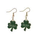 Detailed view of green shamrock drop earrings with IRISH text and gold-tone alloy hooks - Irish Leaf (Gold Tone)