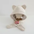 Beige corduroy hooded children's earflap hat with fleece lining and lion dance detail - Children 3-10 Years Old / Beige with Lion
