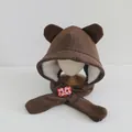 Coffee brown corduroy kids hooded scarf with bear ears and lion dance embroidery - Children 3-10 Years Old / Dark Coffee with Lion