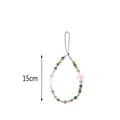 Detail showing colorful beaded phone strap with pearls and hearts, measures 15cm - Pink Hearts Beaded Phone Chain