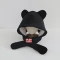 Black corduroy winter hat for children with warm fleece lining and lion embroidery - Children 3-10 Years Old / Black with Lion