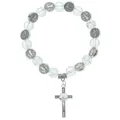 Religious beaded bracelet with light blue beads and Saint Benedict cross pendant - Blue