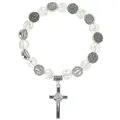 Saint Benedict clear crackle bead bracelet with a silver crucifix pendant - White