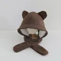 Brown corduroy winter hat for kids with bear ears and warm fleece lining - Children 3-10 Years Old / Solid Dark Coffee