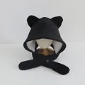 Black corduroy winter hat with cat ears, fleece lining and integrated neck scarf wrap - Children 3-10 Years Old / Solid Black