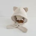 Beige corduroy winter trapper hat for kids with bear ears and soft fleece lining - Children 3-10 Years Old / Solid Beige
