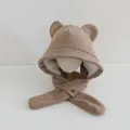 Khaki corduroy bear ear trapper hat for kids with warm fleece lining and button closure - Children 3-10 Years Old / Solid Khaki