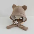 Brown corduroy hooded bear ear hat for kids with plush lining and cartoon lion patch - Children 3-10 Years Old / Lucky Lion Khaki