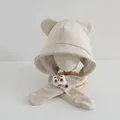 Beige corduroy winter earflap hat for kids with bear ears and lion dance charm - Children 3-10 Years Old / Lucky Lion Beige