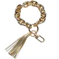 Detailed macro view of a chunky gold metal chain keychain with a stylish leather tassel - Gold Chain