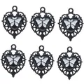 Set van zes legering hartvormige hangers met zwarte rand en vlinder voor DIY sieraden maken - Zwart Hart Witte Vlinder Bedel