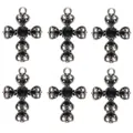 Detalle de seis colgantes cruz corazón en plata antigua con diamantes negros para joyería DIY - Dije de Cruz Strass Negro Base Plateada