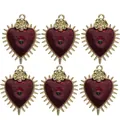 Macro detail of six vintage red enamel sacred heart charms with gold rose and sunburst edges - Gold Base Red Sacred Heart Eye