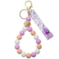Silicone beaded keychain wristlet with pink, tan, and white beads and purple acrylic tag - Purple Beige Beaded With Clip