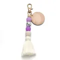 Detail of silicone bead keychain with white tassel and round wood tag for engraving - Purple Tassel Style