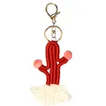 Handmade red woven cotton cactus keychain with pink pom-poms and cream fringe tassels - Red Cactus Print