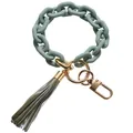Morandi green silicone link keychain with golden metal clasp and leather tassel - Grey Green Matte