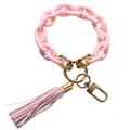 Pink silicone chain bracelet keychain with gold ring and leather tassel detail - Frosted Light Pink