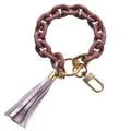 Dusty rose silicone link bracelet keychain with gold hardware and purple leather tassel - Frosted Purple Brown