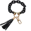 Matte black link keychain bracelet with golden clasp and leather tassel accessory - Matte Black