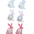 Set of six colorful wooden Easter bunny pendants with Happy Easter egg illustrations - Painted Wooden Rabbit Charms