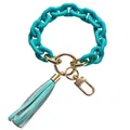 Teal silicone chain keychain bracelet with faux leather tassel and gold hardware - Frosted Lake Blue