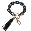 Black and white acrylic chain bracelet keychain with black leather tassel and gold ring - Frosted Black Splatter