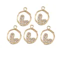 Set of 5 gold hollow irregular circle heart pendants with sparkling rhinestones for jewelry - Hollow Circle Rhinestone Heart Pendant / Gold