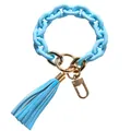 Sky blue acrylic link bracelet keychain with gold metal ring and leather tassel - Frosted Blue