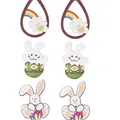 Three pairs of wooden Easter earrings featuring rabbits and colorful eggs on white background - Mixed Style