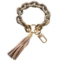 Khaki silicone chain bracelet keychain with gold metal ring and leather tassel detail - Matte Khaki
