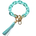 Mint green silicone bead keychain bracelet with leather tassel and gold metal ring - Frosted Green