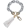 White marble pattern acrylic chain keychain with faux leather tassel and gold clasp - Frosted White Splatter