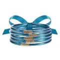 Detalle de 5 pulseras de silicona con purpurina azul y cierres dorados con textura - Azul
