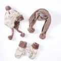 Ensemble d'hiver tricoté pour enfants avec bonnet polaire, écharpe et moufles à motifs - Enfants 4-12 Ans Élastique / Style Géométrique Beige Brun (8)