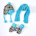 Ensemble hiver 3 pièces bonnet tricoté écharpe et gants pour enfants avec motif flocon - Enfants 4-12 Ans Élastique / Style Géométrique Brun Bleu (9)