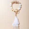 Kralen sleutelhanger armband met bloemen keramische kralen, hout en witte katoen kwast - Grijs-Witte Stijl