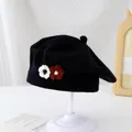 Black knitted baby beret with crochet flowers and ribbed edge detail for toddlers - 2-6 Years Old (Stretchy) / Flower Black