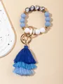 Blue and white bohemian silicone beaded keychain bracelet with large gradient tassels - Yellow Blue Floral (PZ2307159640)