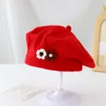 Knitted red baby beret featuring handmade floral details for 2025 autumn winter - 2-6 Years Old (Stretchy) / Flower Red