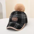 Kids black and white plaid wool baseball cap with tan faux fur pom-pom and patch - Kids (48-54CM) / SMILE Black Plaid