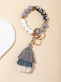 Boho silicone bead keychain bracelet with grey and floral beads and tassel - Night Rose Gray-Blue (PZ2307159640)