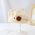 Cream knitted beret for kids with decorative 3D flowers and warm elastic texture - 2-6 Years Old (Stretchy) / Flower Beige